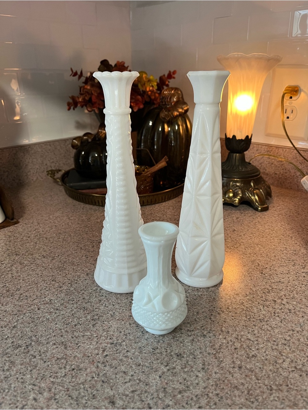 3 milk glass vases